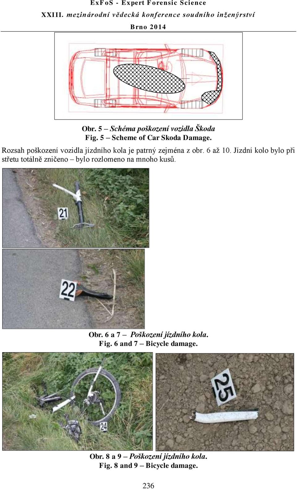 Jízdní kolo bylo při střetu totálně zničeno bylo rozlomeno na mnoho kusů. Obr.