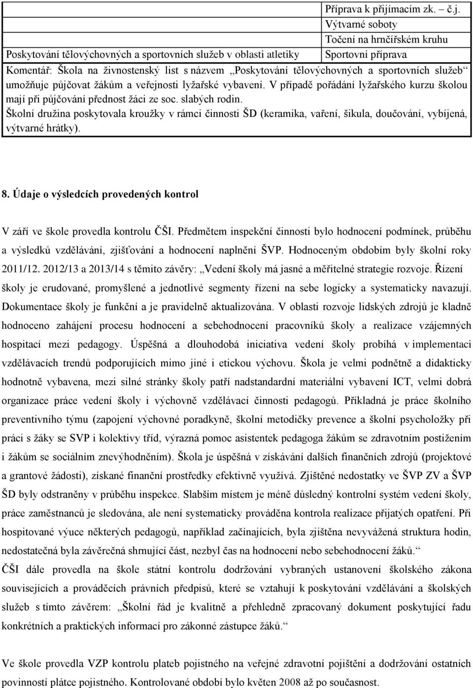 Výtvarné soboty Točení na hrnčířském kruhu Sportovní příprava Komentář: Škola na ţivnostenský list s názvem Poskytování tělovýchovných a sportovních sluţeb umoţňuje půjčovat ţákům a veřejnosti