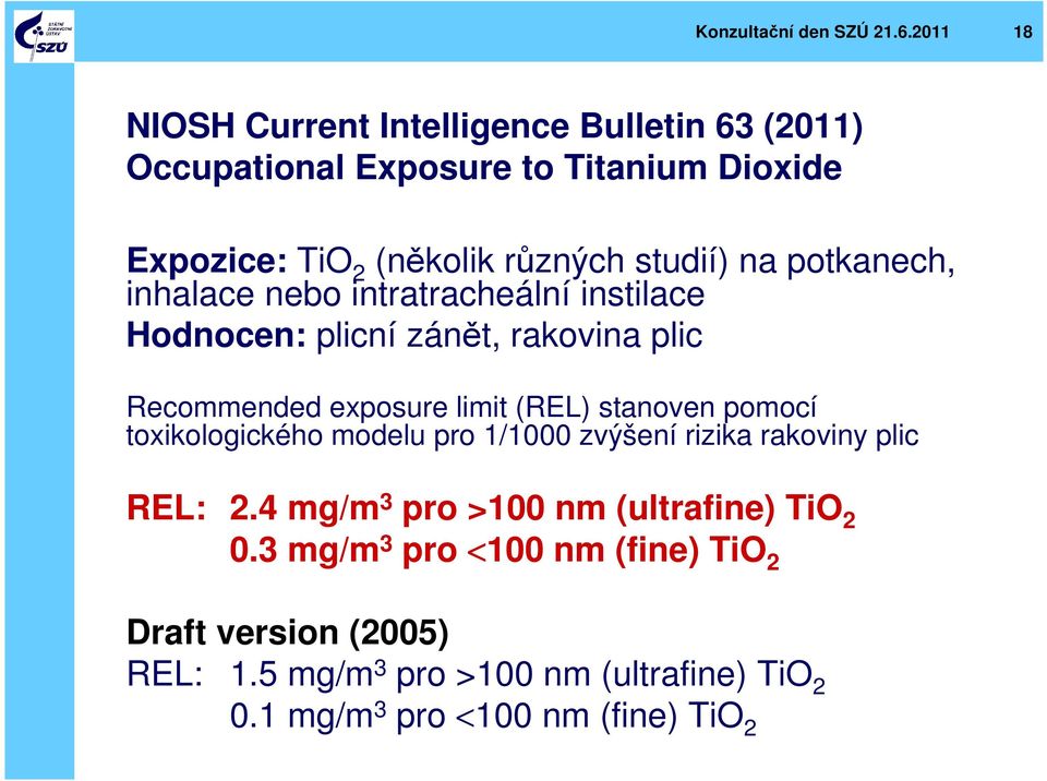 na potkanech, inhalace nebo intratracheální instilace Hodnocen: plicní zánět, rakovina plic Recommended exposure limit (REL) stanoven