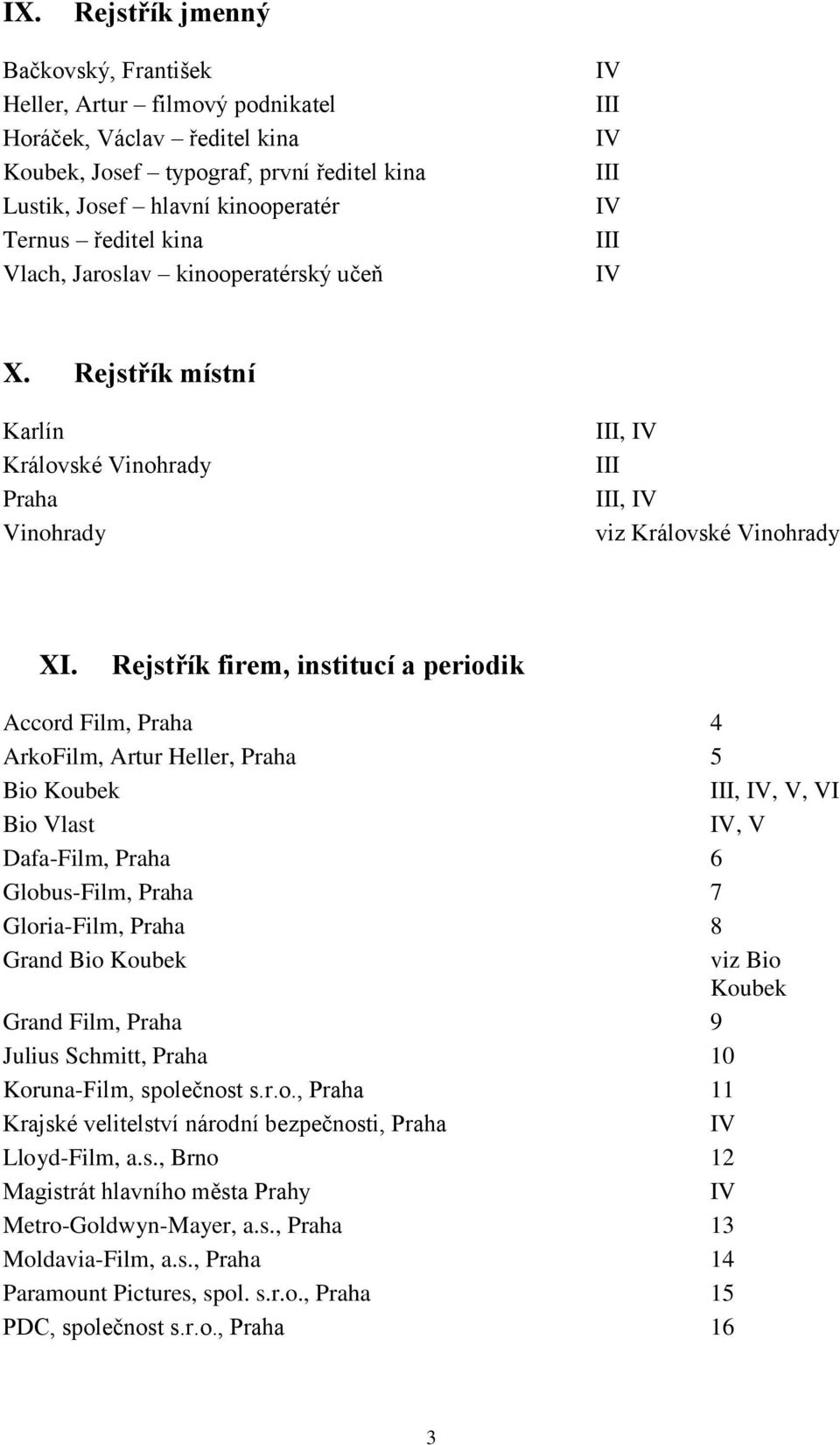 Rejstřík firem, institucí a periodik Accord Film, Praha 4 ArkoFilm, Artur Heller, Praha 5 Bio Koubek III,, V, VI Bio Vlast, V Dafa-Film, Praha 6 Globus-Film, Praha 7 Gloria-Film, Praha 8 Grand Bio