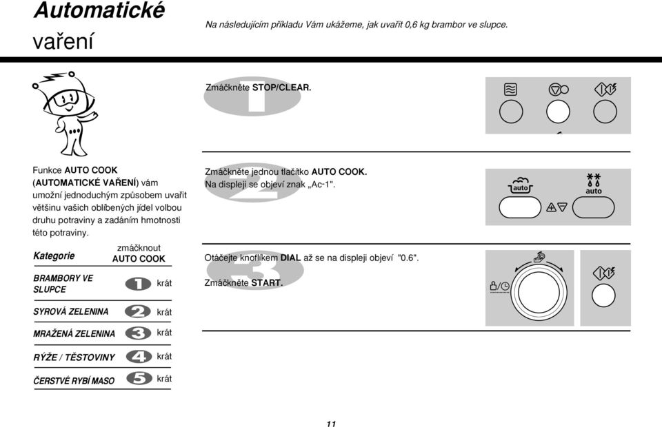 hmotnosti této potraviny. zmáãknout Kategorie AUTO COOK Zmáãknûte jednou tlaãítko AUTO COOK. Na displeji se objeví znak Ac-1".