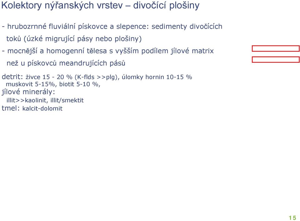 jílové matrix než u pískovců meandrujících pásů detrit: živce 15-20 % (K-flds >>plg), úlomky hornin