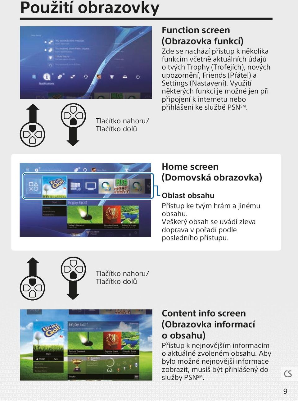 Home screen (Domovská obrazovka) Oblast obsahu Přístup ke tvým hrám a jinému obsahu. Veškerý obsah se uvádí zleva doprava v pořadí podle posledního přístupu.