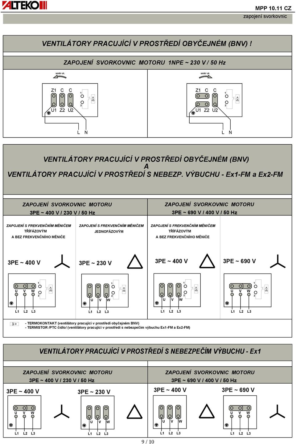 VÝBUCHU - Ex-FM a Ex-FM ZAPOJENÍ SVORKOVNIC MOTORU 3PE ~ 400 V / 30 V / 50 Hz ZAPOJENÍ SVORKOVNIC MOTORU 3PE ~ 690 V / 400 V / 50 Hz ZAPOJENÍ S FREKVENČNÍM MĚNIČEM TŘÍFÁZOVÝM A BEZ FREKVENČNÍHO