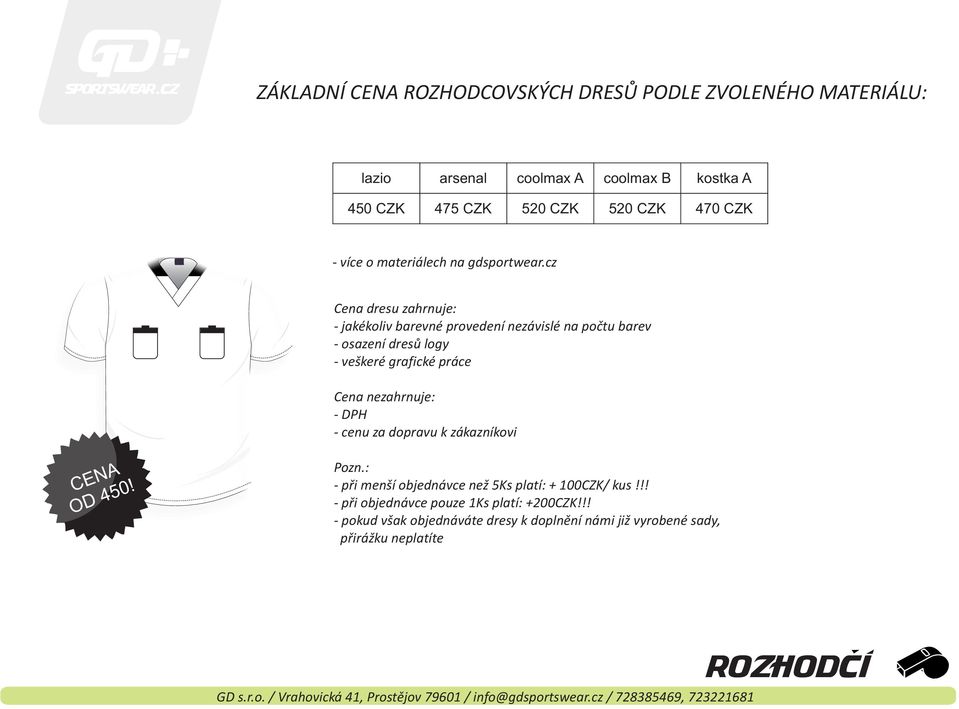 cz Cena dresu zahrnuje: - jakékoliv barevné provedení nezávislé na poètu barev - osazení dresù logy - veškeré grafické práce Cena
