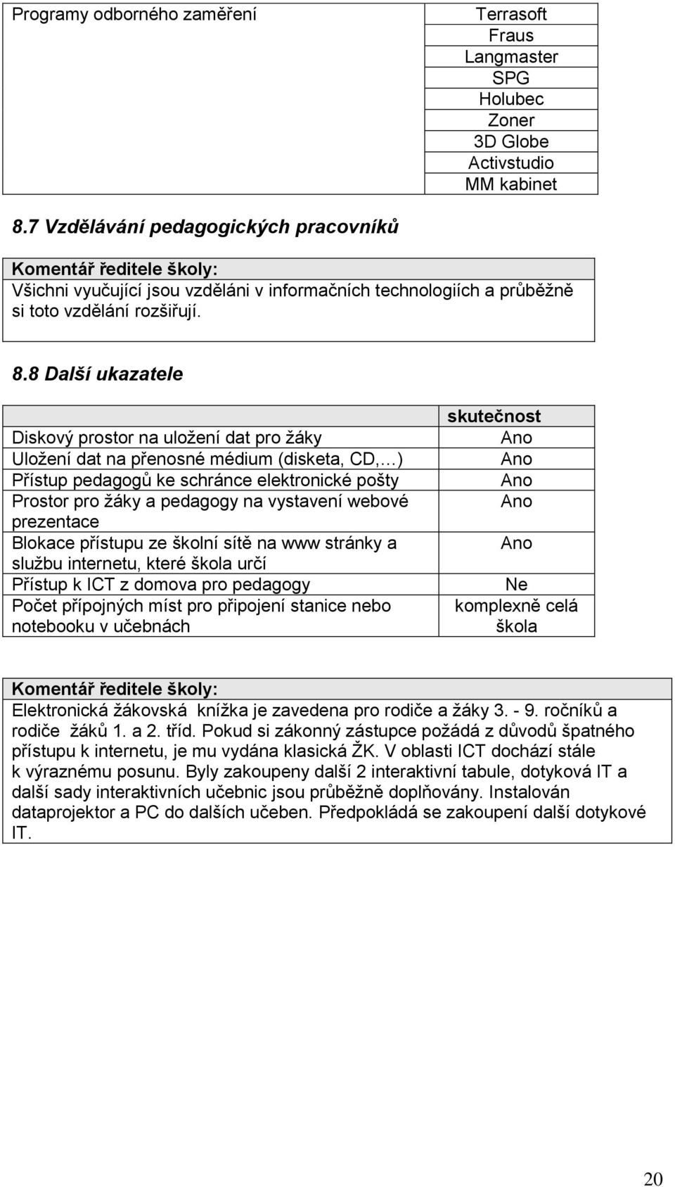 8 Další ukazatele Diskový prostor na uložení dat pro žáky Uložení dat na přenosné médium (disketa, CD, ) Přístup pedagogů ke schránce elektronické pošty Prostor pro žáky a pedagogy na vystavení