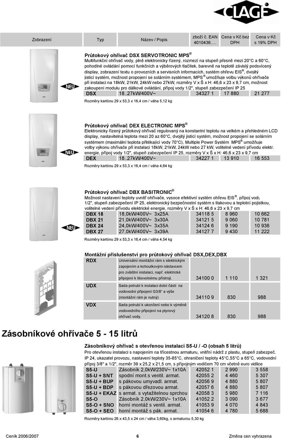 umožňuje volbu výkonů ohřívače při instalaci na 18kW, 21kW, 24kW nebo 27kW, rozměry V x Š x H: 46,6 x 23 x 9,7 cm, možnost zakoupení modulu pro dálkové ovládání, přípoj vody 1/2", stupeň zabezpečení