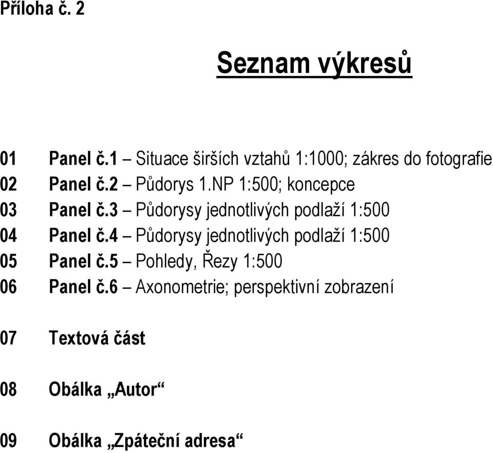 NP 1:500; koncepce 03 Panel č.3 Půdorysy jednotlivých podlaží 1:500 04 Panel č.