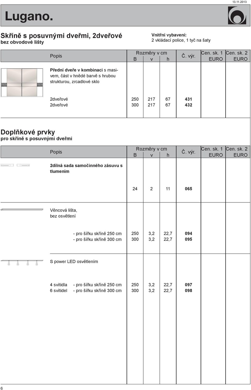 2dveřové 217 217 67 67 431 432 Doplňkové prvky pro skříně s posuvnými dveřmi 2dílná sada samočinného