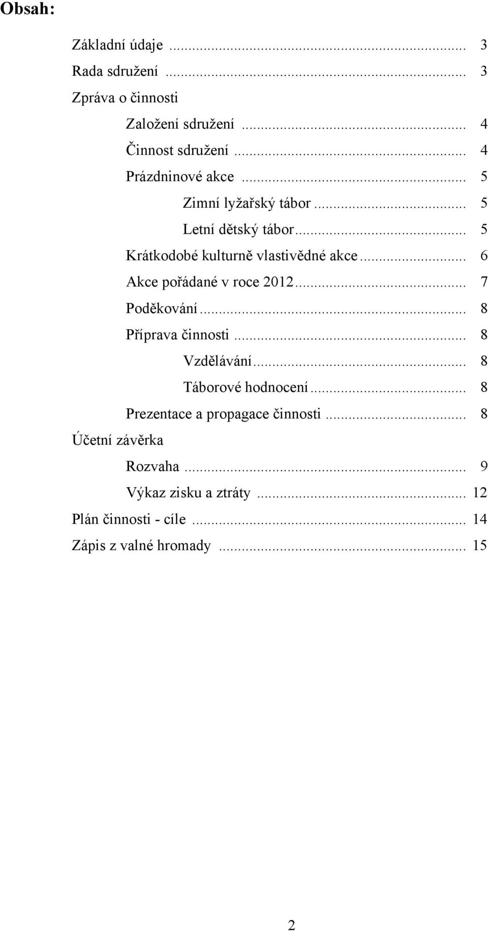 .. 6 Akce pořádané v roce 2012... 7 Poděkování... 8 Příprava činnosti... 8 Vzdělávání... 8 Táborové hodnocení.