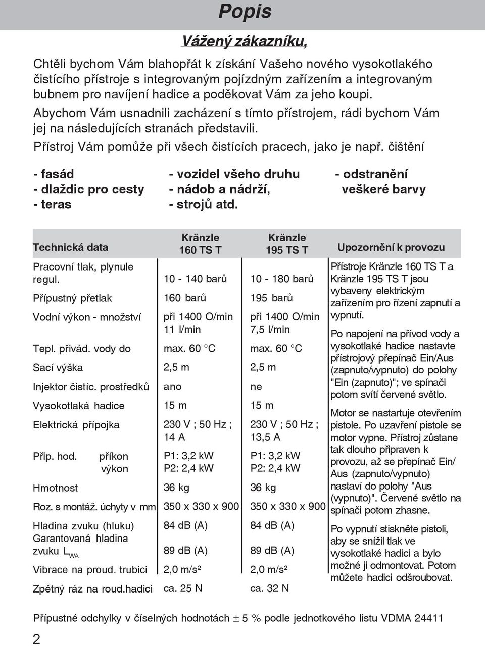 iãtšní - fasád - dlaþdic pro cesty - teras - vozidel vãeho druhu - nádob a nádrþí, - strojõ atd. - odstranšní veãkeré barvy Technická data Pracovní tlak, plynule regul.