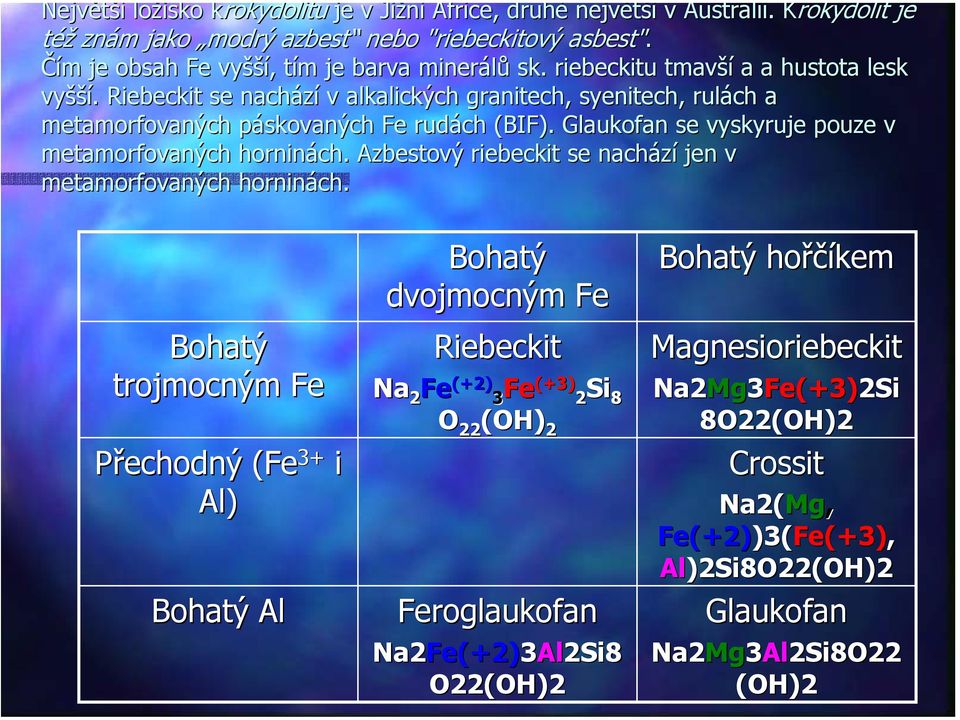 Glaukofan se vyskyruje pouze v metamorfovaných horninách. Azbestový riebeckit se nachází jen v metamorfovaných horninách.