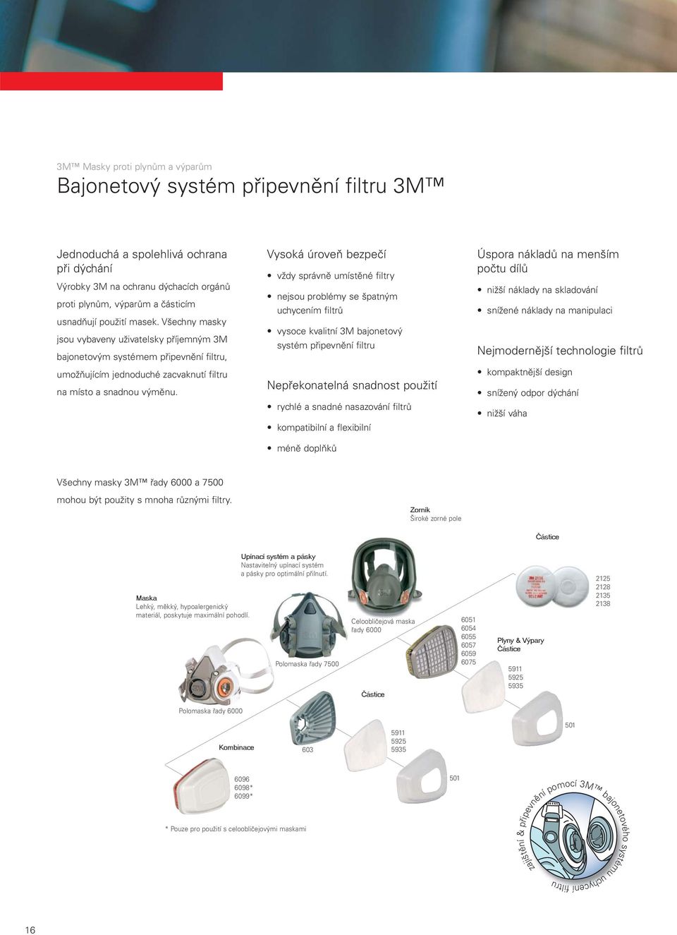 Vysoká úroveň bezpečí vždy správně umístěné filtry nejsou problémy se špatným uchycením filtrů vysoce kvalitní 3M bajonetový systém připevnění filtru Nepřekonatelná snadnost použití rychlé a snadné