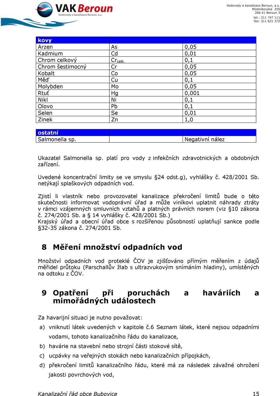 platí pro vody z infekčních zdravotnických a obdobných zařízení. Uvedené koncentrační limity se ve smyslu 24 odst.g), vyhlášky č. 428/2001 Sb. netýkají splaškových odpadních vod.