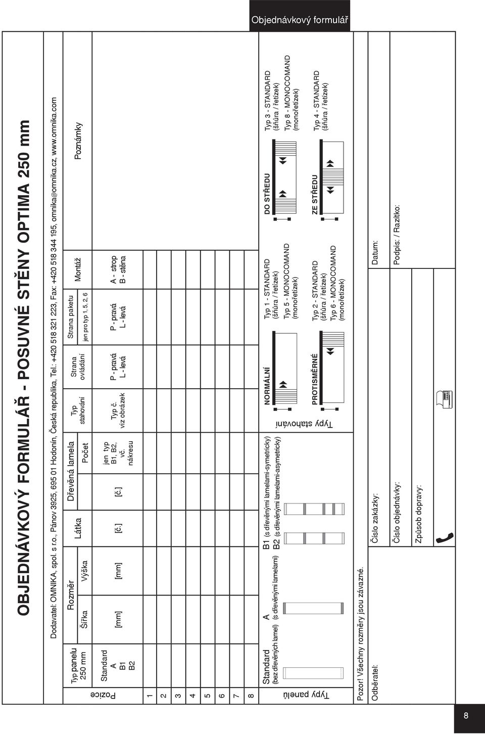omnika.cz, www.omnika.com Typ panelu 250 mm Rozměr Dřevěná lamela Typ Strana Strana paketu Látka Šířka Výška stahování ovládání Počet jen pro typ 1, 5, 2, 6 Montáž Poznámky Standard A B1 B2 Pozice [mm] [mm] [č.