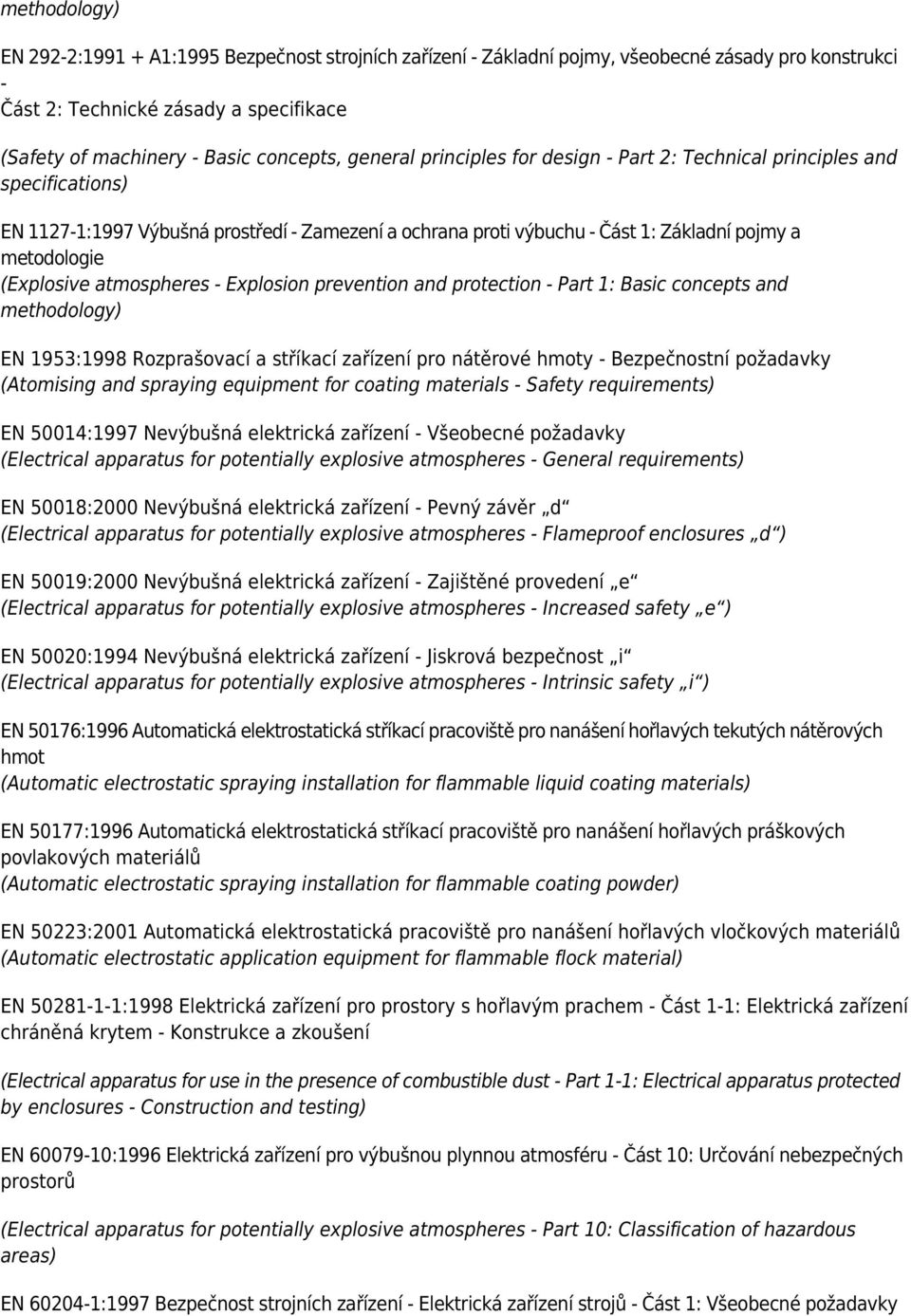 atmospheres - Explosion prevention and protection - Part 1: Basic concepts and methodology) EN 1953:1998 Rozprašovací a stříkací zařízení pro nátěrové hmoty - Bezpečnostní požadavky (Atomising and