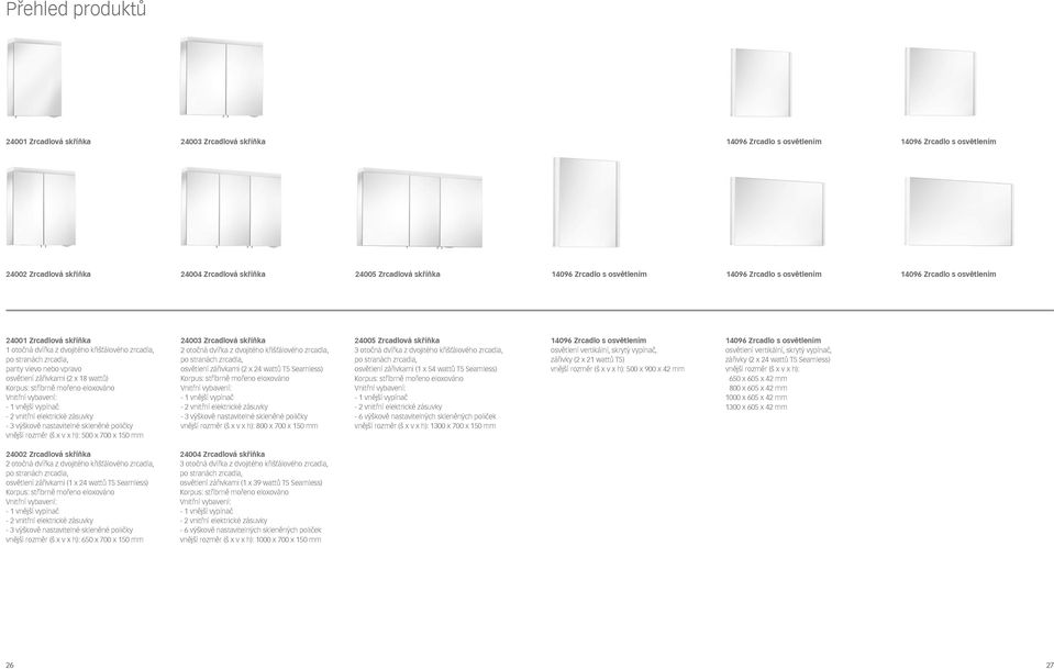nastavitelné skleněné poličky vnější rozměr (š x v x h): 500 x 700 x 150 mm 24003 Zrcadlová skříňka 2 otočná dvířka z dvojitého křišťálového zrcadla, po stranách zrcadla, osvětlení zářivkami (2 x 24