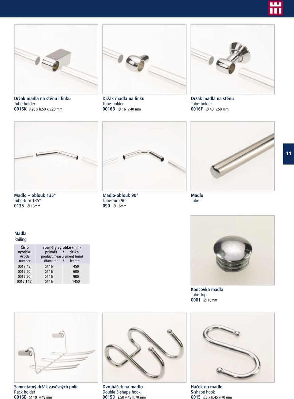 Article product measurement (mm) number diameter / length 0017(45) 16 450 0017(60) 16 600 0017(90) 16 900 0017(145) 16 1450 Koncovka madla Tube-top 0081 16mm