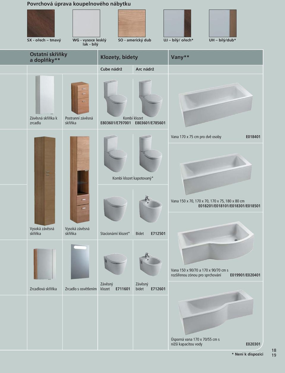 70, 170 x 75, 180 x 80 cm E018201/E018101/E018301/E018501 Vysoká závěsná skříňka Vysoká závěsná skříňka Stacionární klozet* Bidet E712501 Vana 150 x 90/70 a 170 x 90/70 cm s rozšířenou zónou