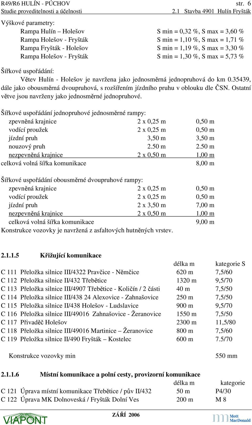 Fryšták S min = 1,30 %, S max = 5,73 % Šířkové uspořádání: Větev Hulín - Holešov je navržena jako jednosměrná jednopruhová do km 0.