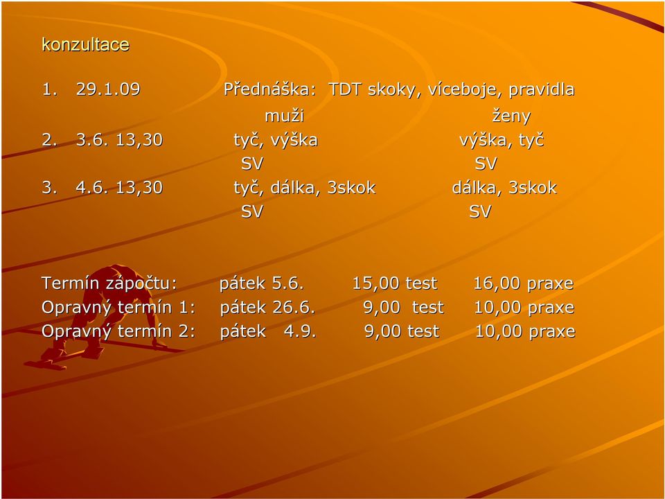 13,30 tyč,, dálka, d 3skok dálka, d 3skok SV SV Termín n zápoz počtu: pátek p 5.6.