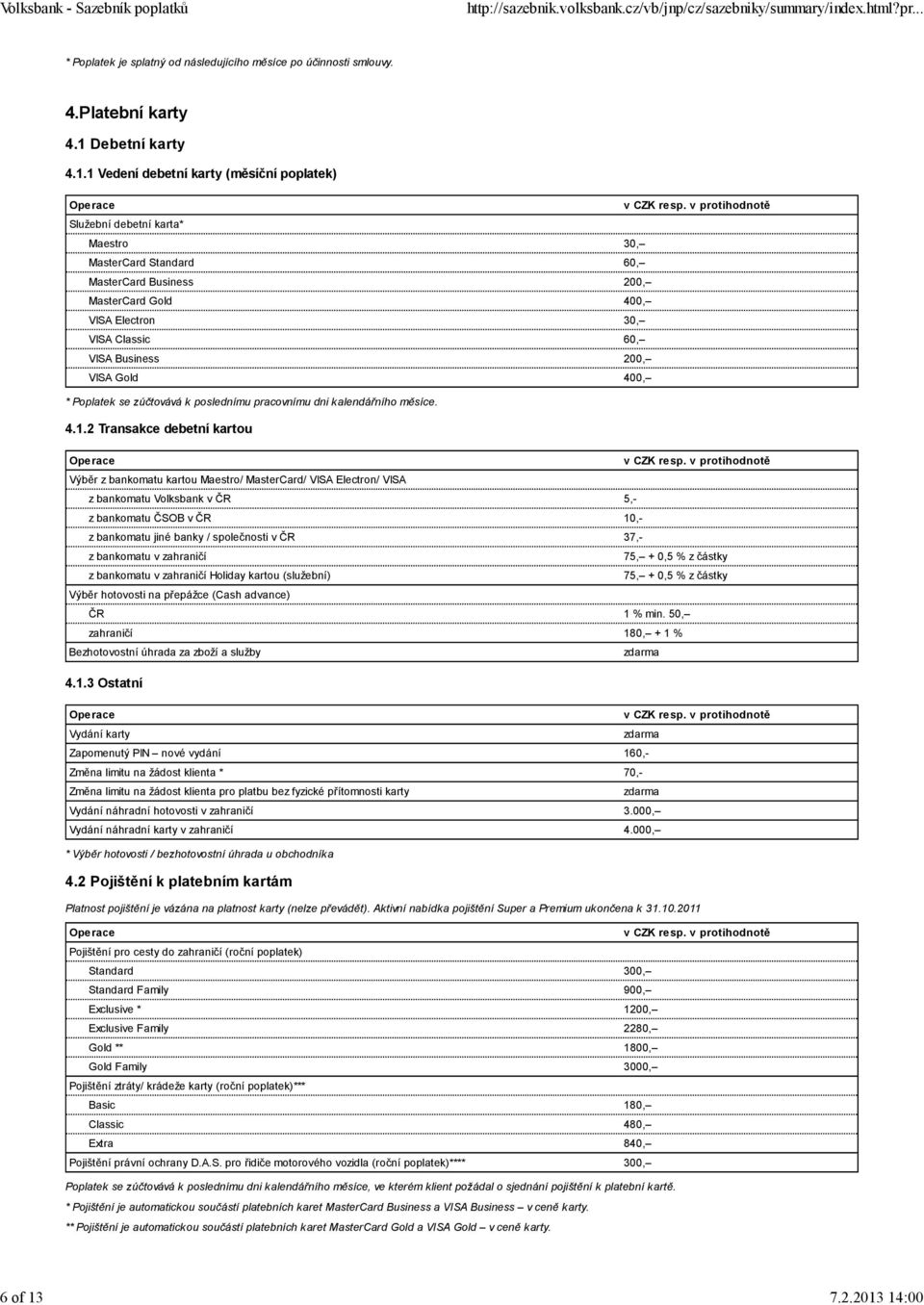 14:00 * Poplatek je splatný od následujícího měsíce po účinnosti smlouvy. 4.Platební karty 4.1 Debetní karty 4.1.1 Vedení debetní karty (měsíční poplatek) Služební debetní karta* Maestro 30,