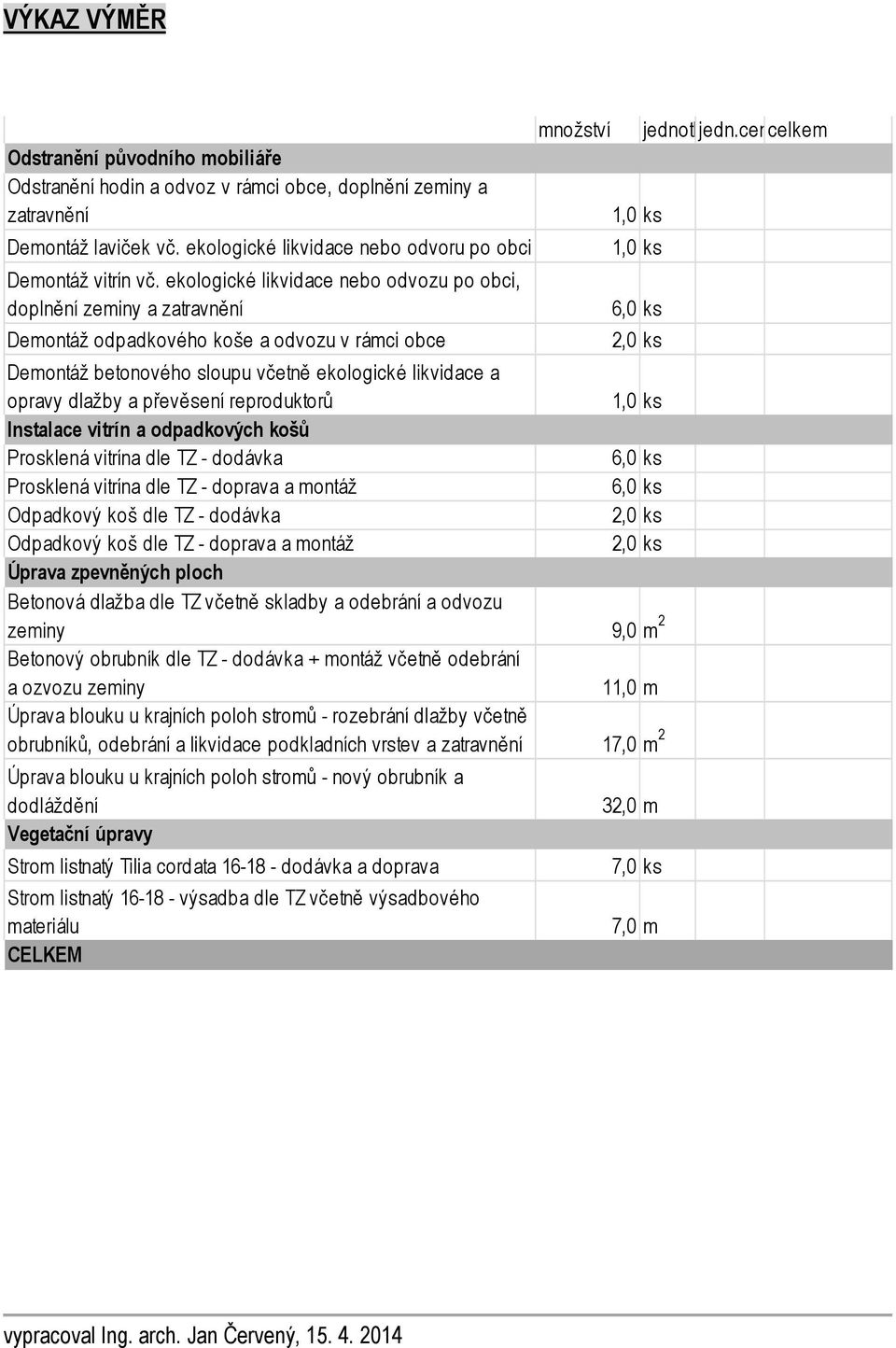 ekologické likvidace a opravy dlažby a převěsení reproduktorů 1,0 ks Instalace vitrín a odpadkových košů Prosklená vitrína dle TZ - dodávka 6,0 ks Prosklená vitrína dle TZ - doprava a montáž 6,0 ks