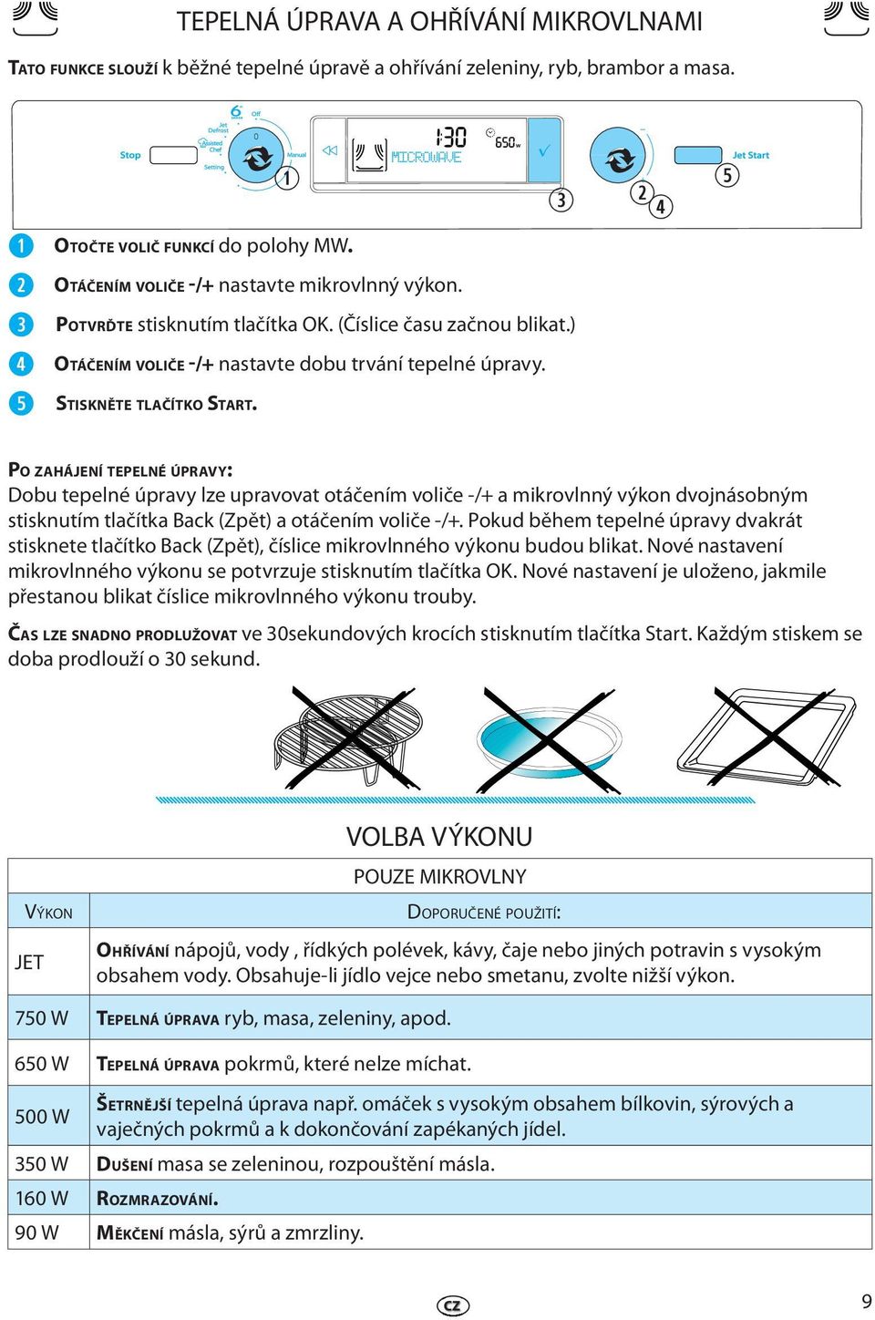 r t PO ZAHÁJENÍ TEPELNÉ ÚPRAVY: Dobu tplné úpravy lz upravovat otáčním volič -/+ a mikrovlnný výkon dvojnásobným stisknutím tlačítka Back (Zpět) a otáčním volič -/+.