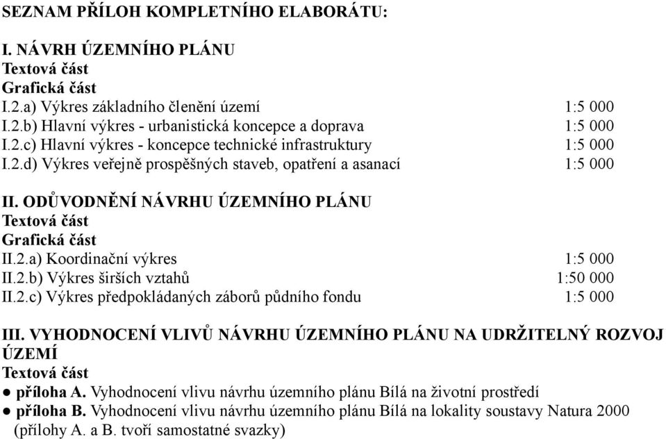 2.a) Koordinační výkres 1:5 000 II.2.b) Výkres širších vztahů 1:50 000 II.2.c) Výkres předpokládaných záborů půdního fondu 1:5 000 III.