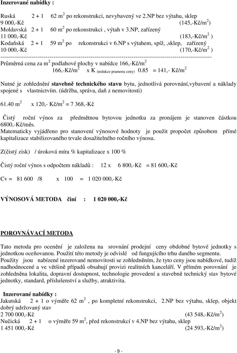 NP s výtahem, spíž,,sklep, zařízený 10 000,-Kč (170,-Kč/m 2 ) ------------------------------------------------------------------------------------------------------------ Průměrná cena za m 2