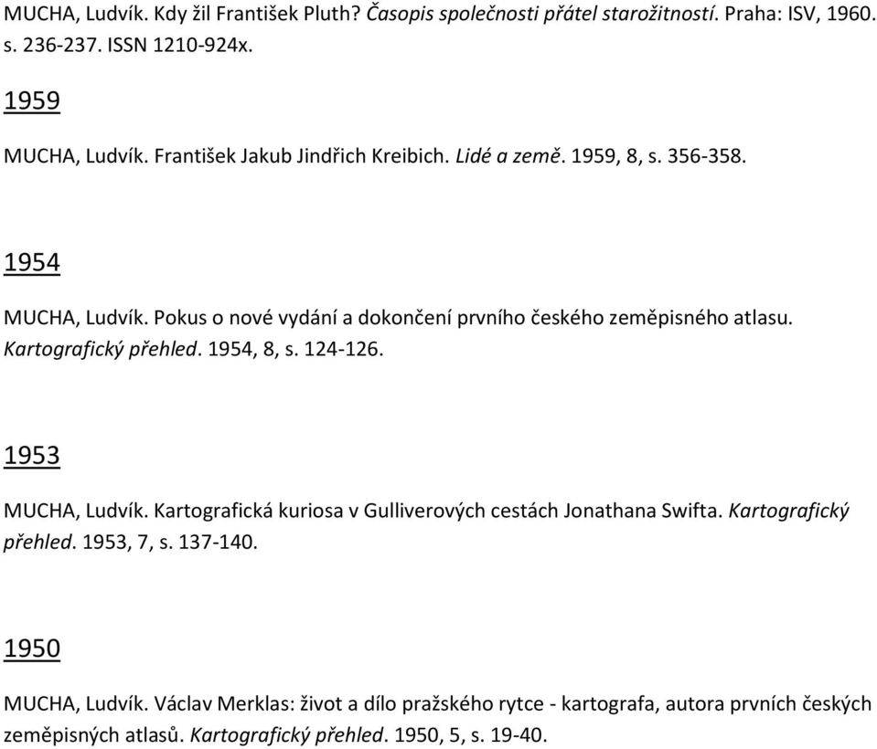 Kartografický přehled. 1954, 8, s. 124-126. 1953 MUCHA, Ludvík. Kartografická kuriosa v Gulliverových cestách Jonathana Swifta. Kartografický přehled.