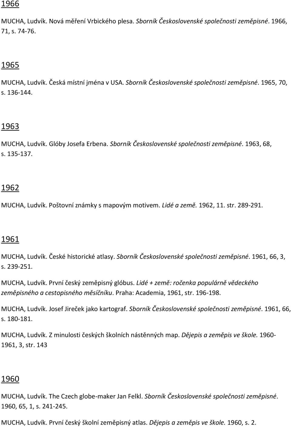 Poštovní známky s mapovým motivem. Lidé a země. 1962, 11. str. 289-291. 1961 MUCHA, Ludvík. České historické atlasy. Sborník Československé společnosti zeměpisné. 1961, 66, 3, s. 239-251.