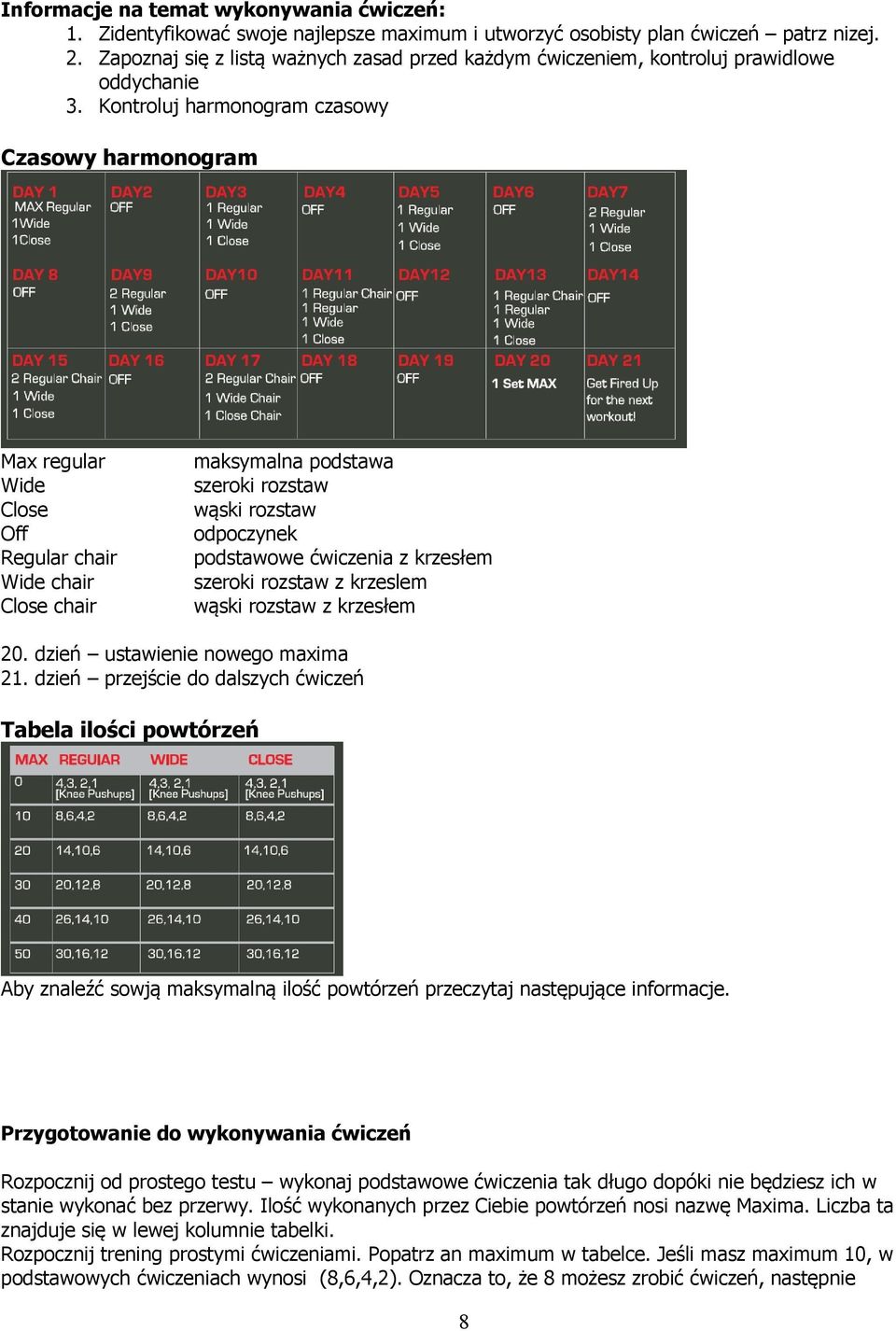 Kontroluj harmonogram czasowy Czasowy harmonogram Max regular Wide Close Off Regular chair Wide chair Close chair maksymalna podstawa szeroki rozstaw wąski rozstaw odpoczynek podstawowe ćwiczenia z