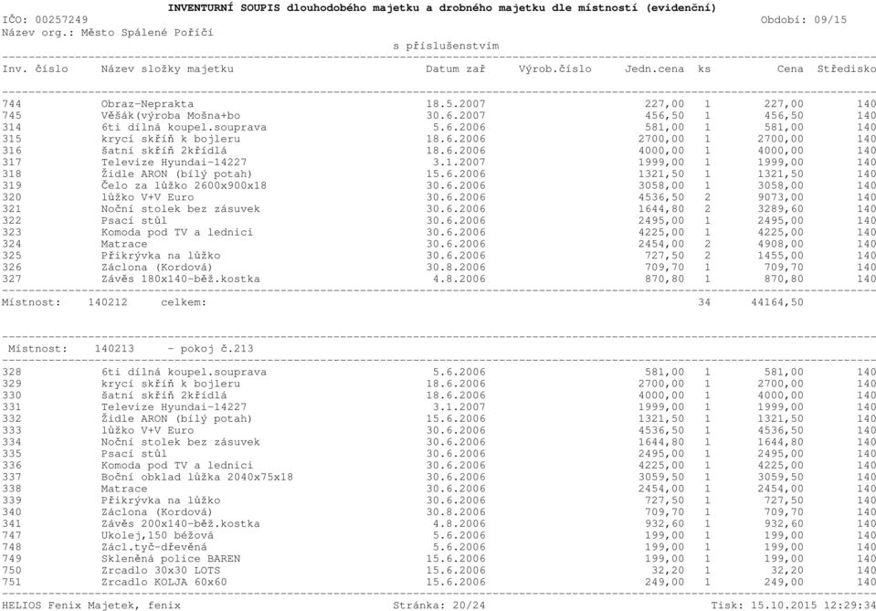 6.2006 4536,50 2 9073,00 140 321 Noční stolek bez zásuvek 30.6.2006 1644,80 2 3289,60 140 322 Psací stůl 30.6.2006 2495,00 1 2495,00 140 323 Komoda pod TV a lednici 30.6.2006 4225,00 1 4225,00 140 324 Matrace 30.