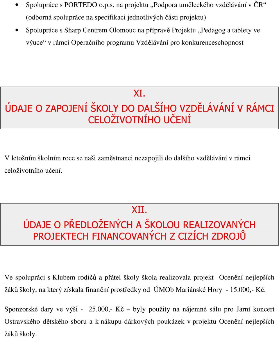 na projektu Podpora uměleckého vzdělávání v ČR (odborná spolupráce na specifikaci jednotlivých části projektu) Sharp Centrem Olomouc na přípravě Projektu Pedagog a tablety ve výuce v rámci Operačního