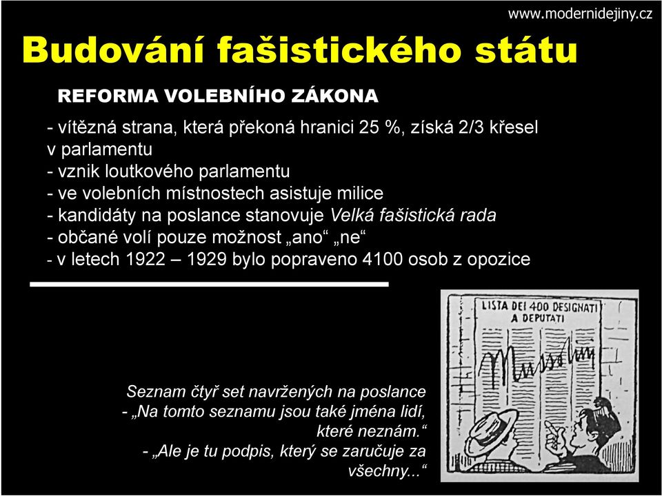 - občané volí pouze možnost ano ne - v letech 1922 1929 bylo popraveno 4100 osob z opozice www.modernidejiny.