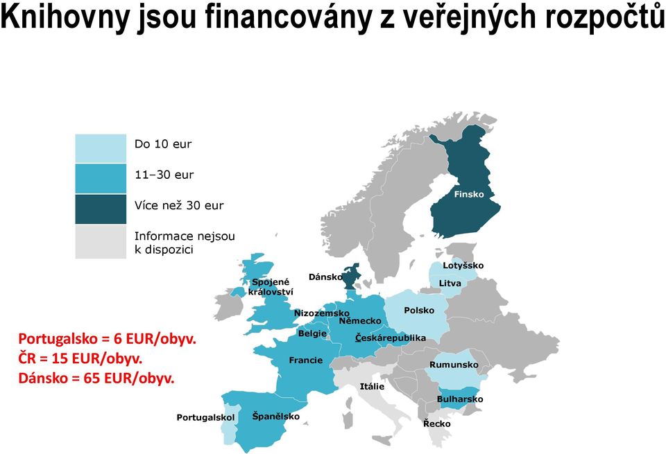 Portugalsko = 6 EUR/obyv. ČR = 15 EUR/obyv. Dánsko = 65 EUR/obyv.