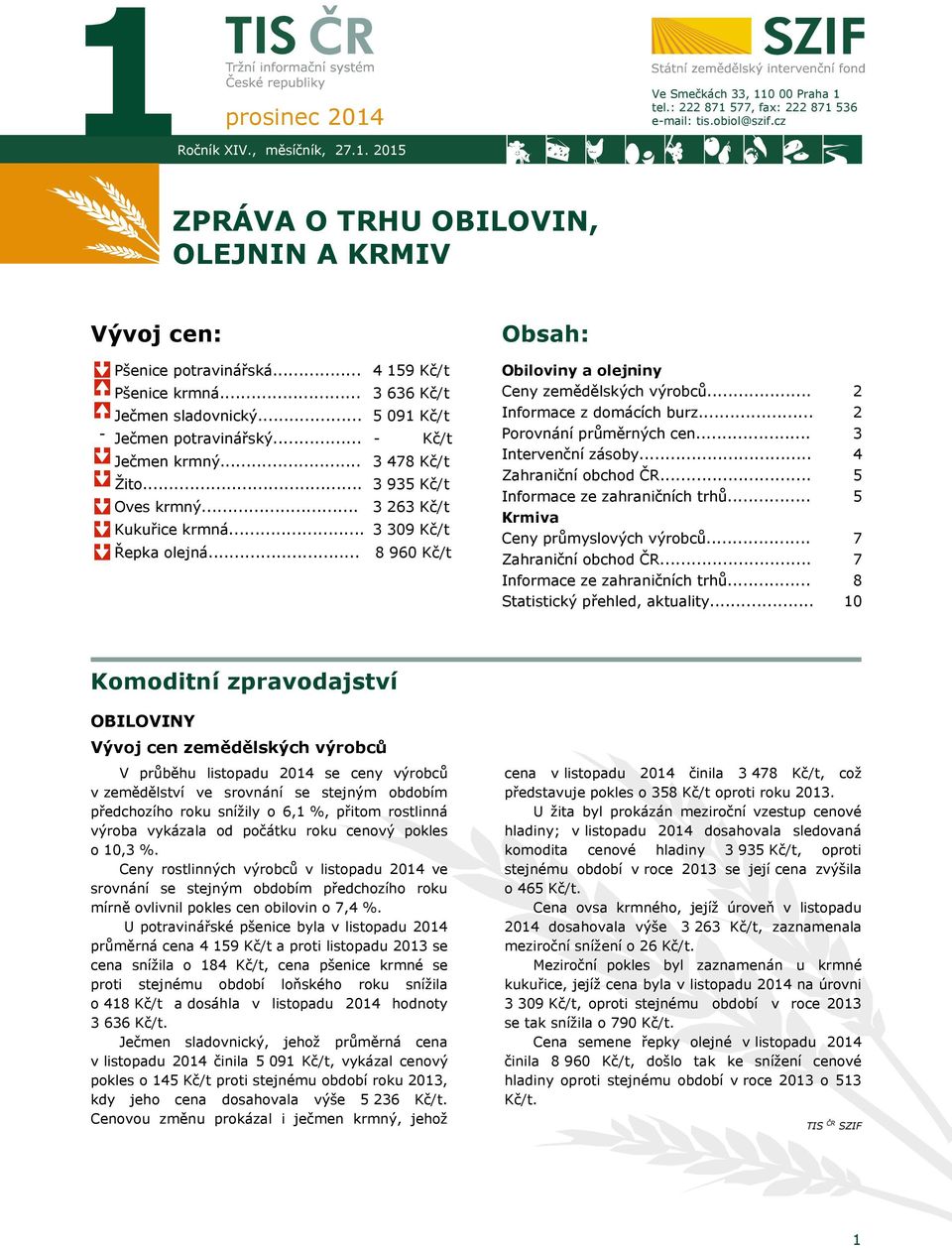 .. Ječmen potravinářský... Ječmen krmný... Žito... Oves krmný... Kukuřice krmná... Řepka olejná... 5 091 Kč/t - Kč/t 3 478 Kč/t 3 935 Kč/t 3 263 Kč/t 3 309 Kč/t 8 960 Kč/t Informace z domácích burz.