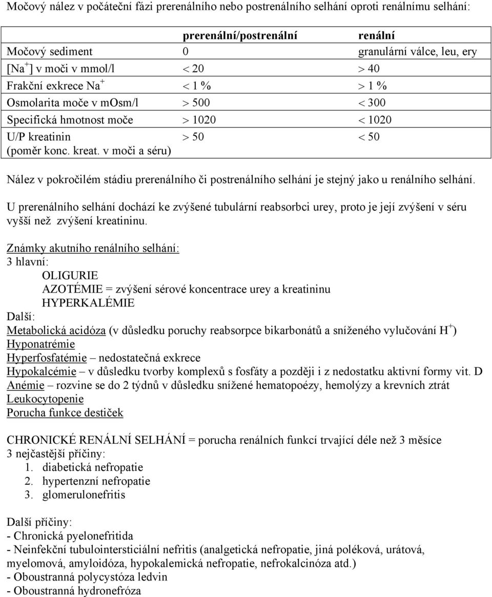 nin > 50 < 50 (poměr konc. kreat. v moči a séru) Nález v pokročilém stádiu prerenálního či postrenálního selhání je stejný jako u renálního selhání.