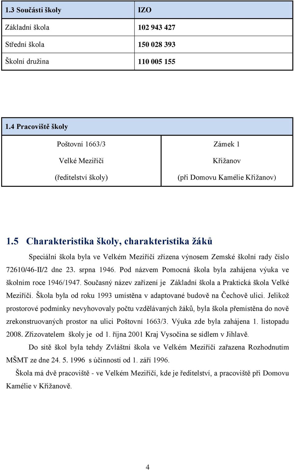 5 Charakteristika školy, charakteristika žáků Speciální škola byla ve Velkém Meziříčí zřízena výnosem Zemské školní rady číslo 72610/46-II/2 dne 23. srpna 1946.