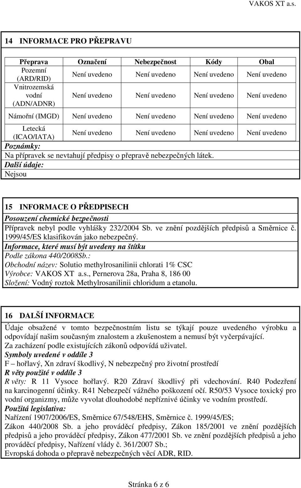 předpisy o přepravě nebezpečných látek. Další údaje: 15 INFORMACE O PŘEDPISECH Posouzení chemické bezpečnosti Přípravek nebyl podle vyhlášky 232/2004 Sb. ve znění pozdějších předpisů a Směrnice č.