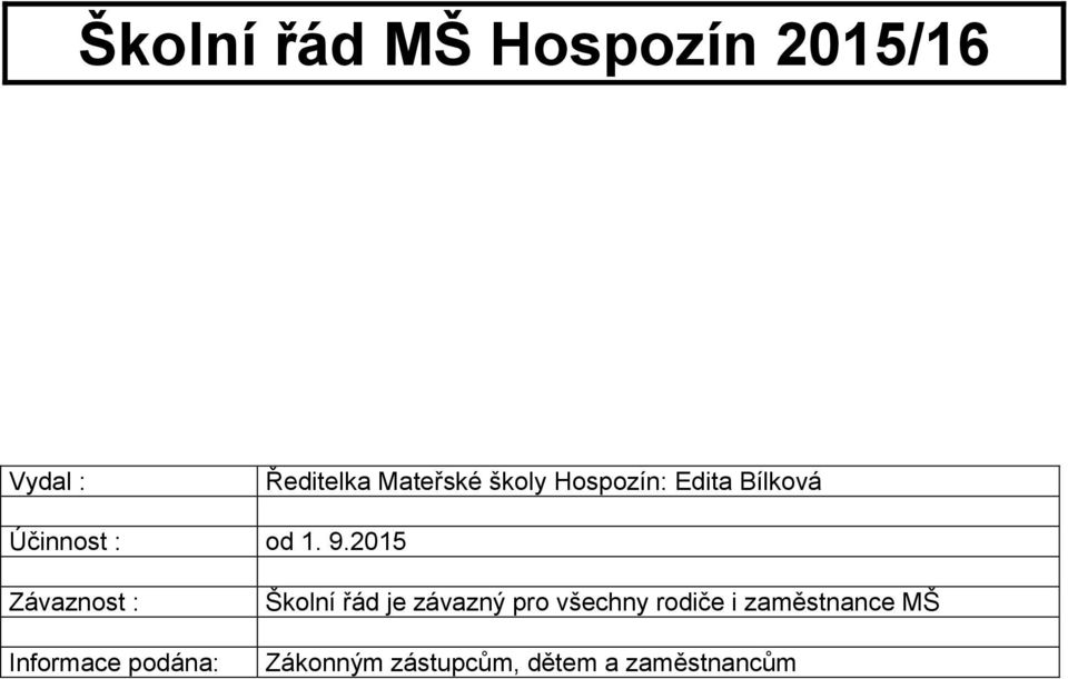 2015 Závaznost : Informace podána: Školní řád je závazný