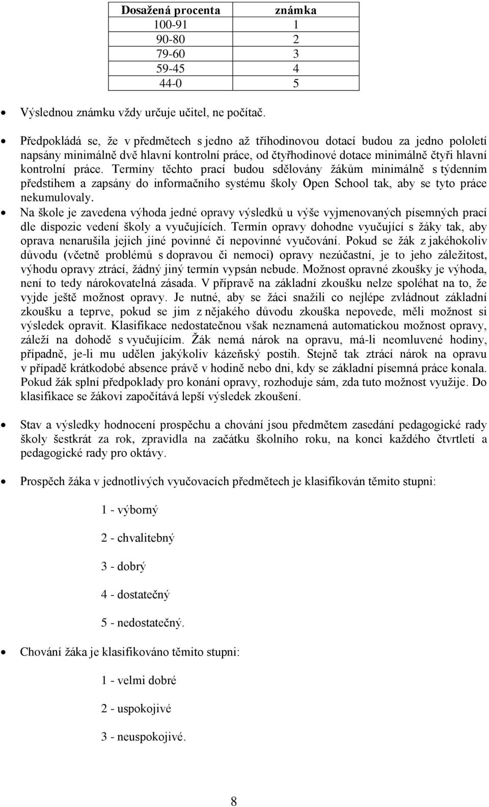 Termíny těchto prací budou sdělovány žákům minimálně s týdenním předstihem a zapsány do informačního systému školy Open School tak, aby se tyto práce nekumulovaly.