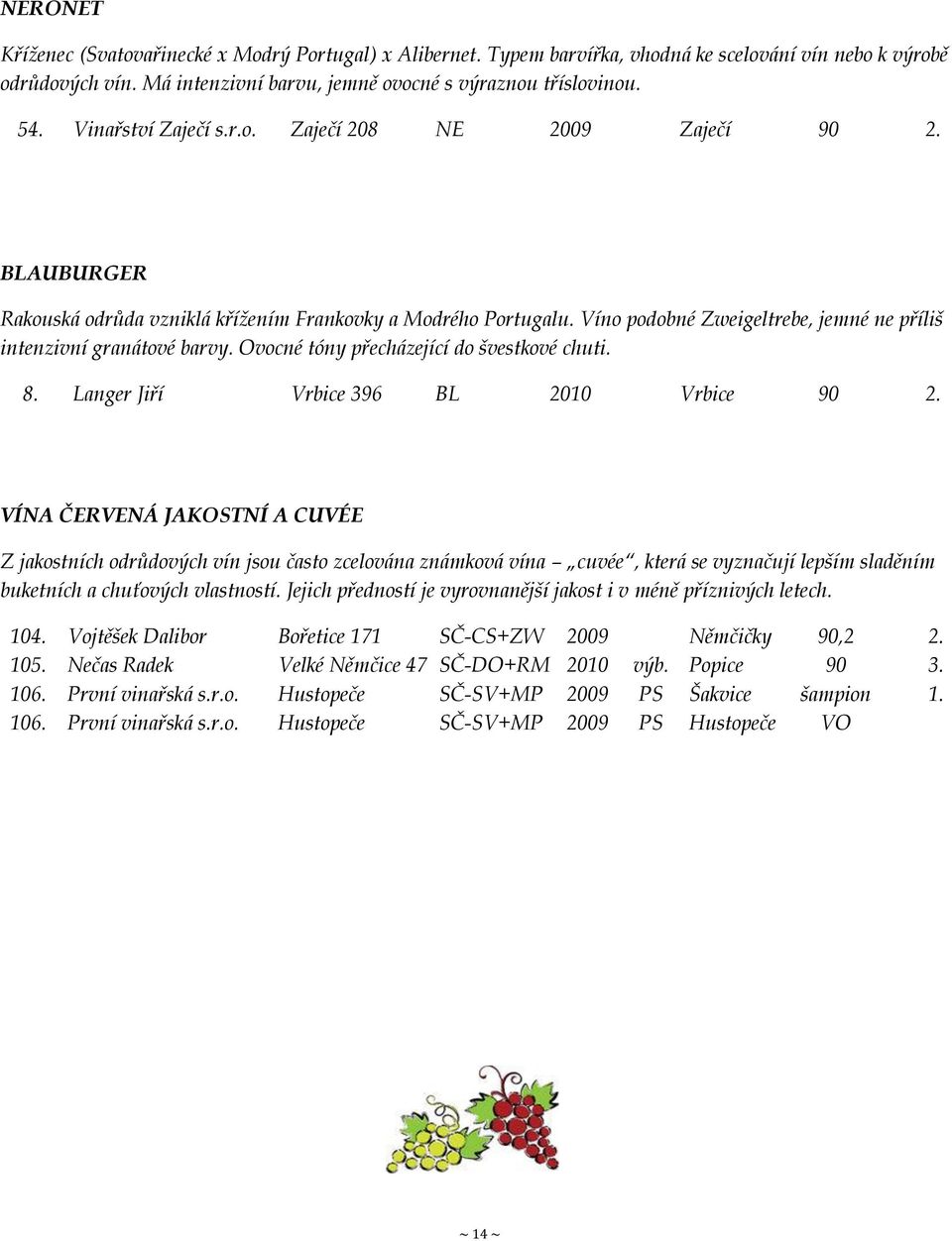 Víno podobné Zweigeltrebe, jemné ne příliš intenzivní granátové barvy. Ovocné tóny přecházející do švestkové chuti. 8. Langer Jiří Vrbice 396 BL 2010 Vrbice 90 2.