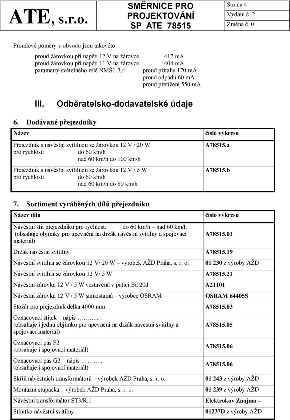 Dodávané přejezdníky Název Přejezdník s návěstní svítilnou se žárovkou 12 V / 20 W pro rychlost: do 60 km/h nad 60 km/h do 100 km/h Přejezdník s návěstní svítilnou se žárovkou 12 V / 5 W pro