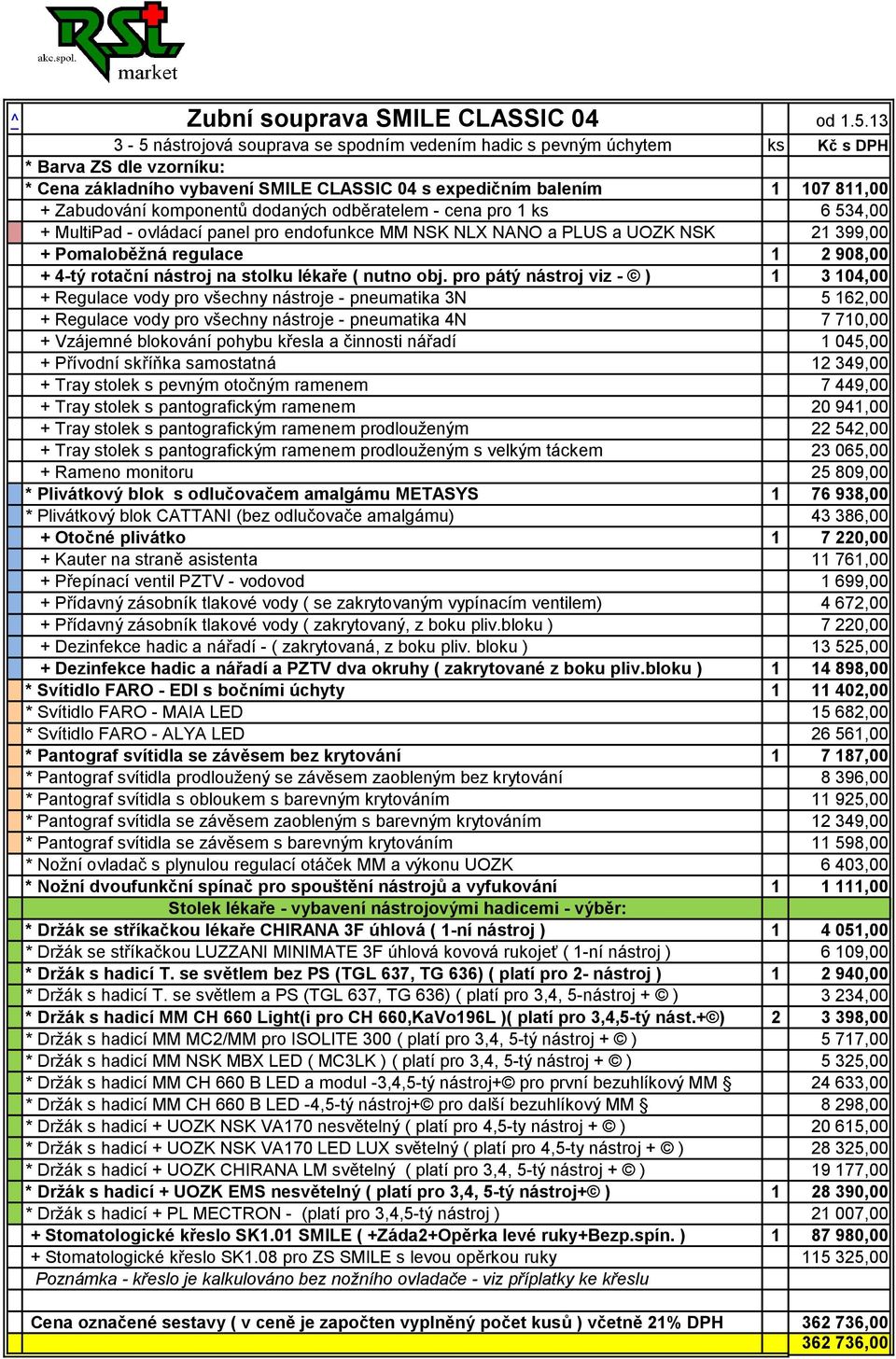 komponentů dodaných odběratelem - cena pro 1 ks 6 534,00 + MultiPad - ovládací panel pro endofunkce MM NSK NLX NANO a PLUS a UOZK NSK 21 399,00 + Pomaloběžná regulace 1 2 908,00 + 4-tý rotační