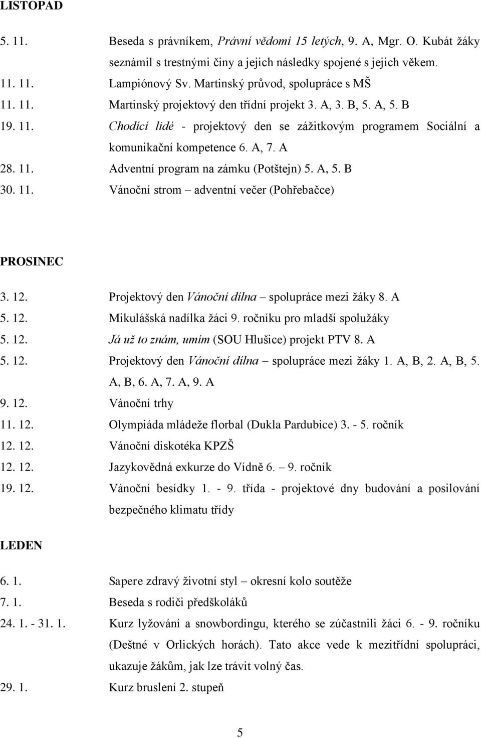 A, 7. A 28. 11. Adventní program na zámku (Potštejn) 5. A, 5. B 30. 11. Vánoční strom adventní večer (Pohřebačce) PROSINEC 3. 12. Projektový den Vánoční dílna spolupráce mezi žáky 8. A 5. 12. Mikulášská nadílka žáci 9.