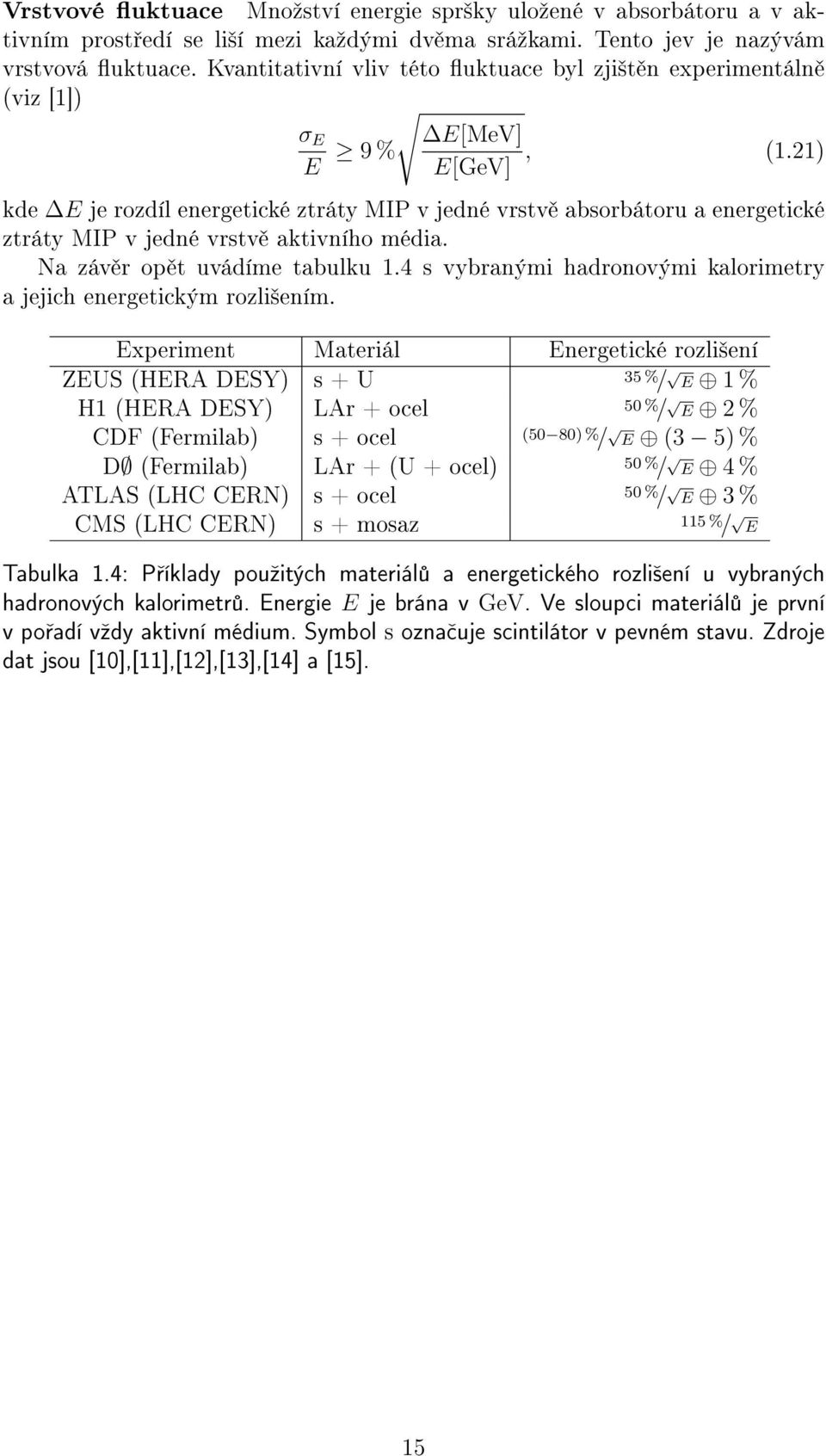 21) E[GeV] kde E je rozdíl energetické ztráty MIP v jedné vrstv absorbátoru a energetické ztráty MIP v jedné vrstv aktivního média. Na záv r op t uvádíme tabulku 1.