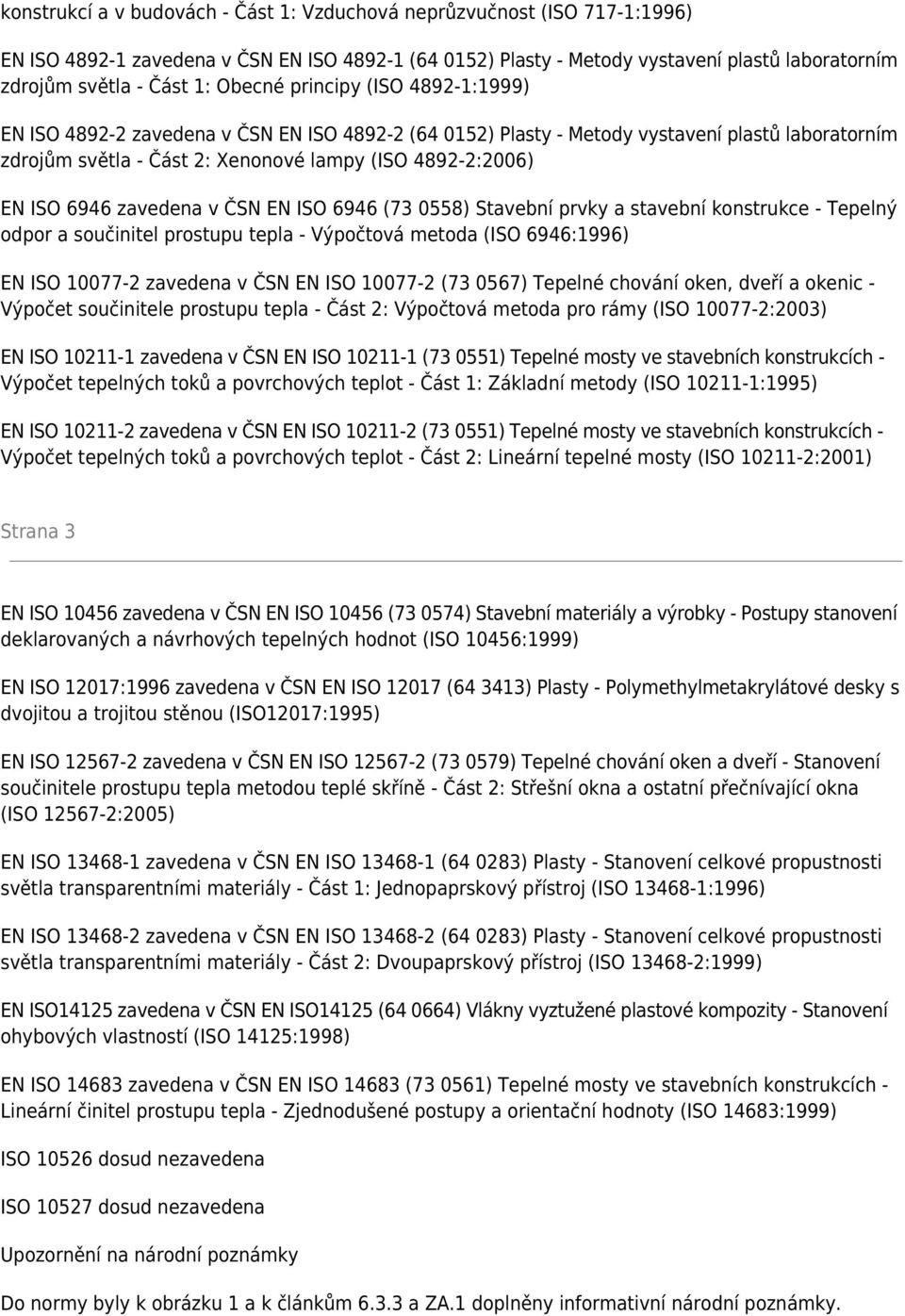 6946 zavedena v ČSN EN ISO 6946 (73 0558) Stavební prvky a stavební konstrukce - Tepelný odpor a součinitel prostupu tepla - Výpočtová metoda (ISO 6946:1996) EN ISO 10077-2 zavedena v ČSN EN ISO