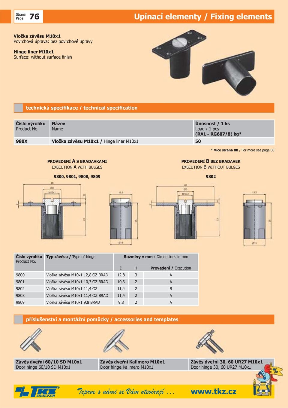 Název Name 980X Vložka závěsu M10x1 / Hinge liner M10x1 50 Únosnost / 1 ks Load / 1 pcs (RAL - RG607/8) kg* * Více strana 88 / For more see page 88 PROVEDENÍ A S BRADAVKAMI EXECUTION A WITH BULGES